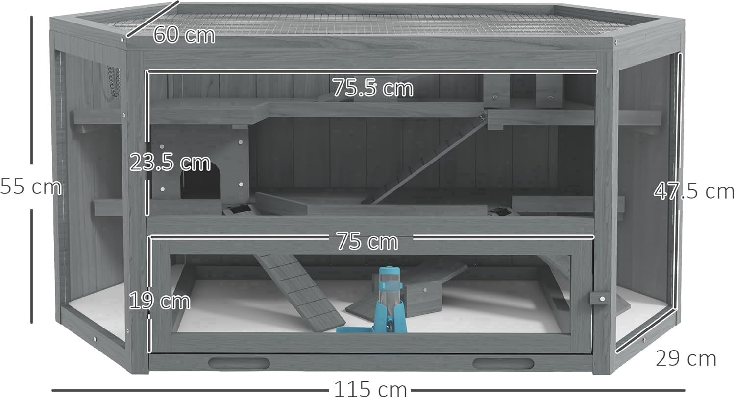 Large Wooden Hamster Cage 3 Tier Small Animal Play House With Tray Bottle Grey