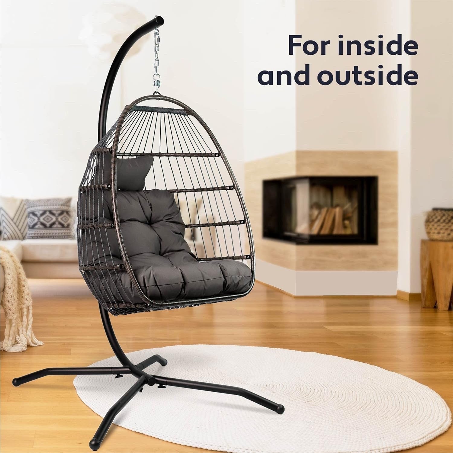 Vita5 Dark Grey Egg Chair Polyrattan Frame Cushion Hanging Indoor Outdoor 150kg