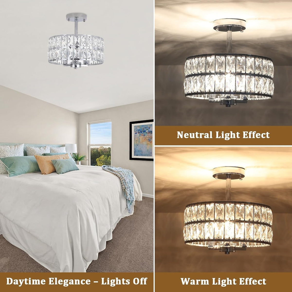 Crystal Ceiling Light Chandelier 3 Way Chrome E14 Semi Flush Mount 33cm Modern