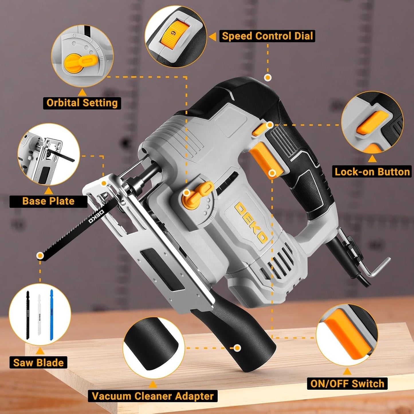 Electric Jigsaw 550W 6 Speed 800-3000SPM 45° Bevel LED 8 Blades Wood Metal