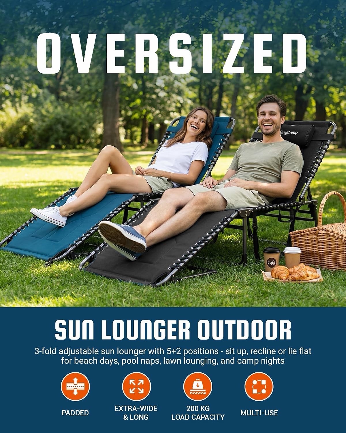 Sun Lounger Garden Recliner Folding Padded Black 200x68cm KingCamp XL 1 Pack