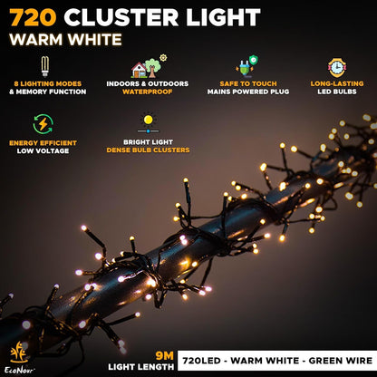 Warm White LED Cluster Christmas Tree Lights Indoor Outdoor Timer String
