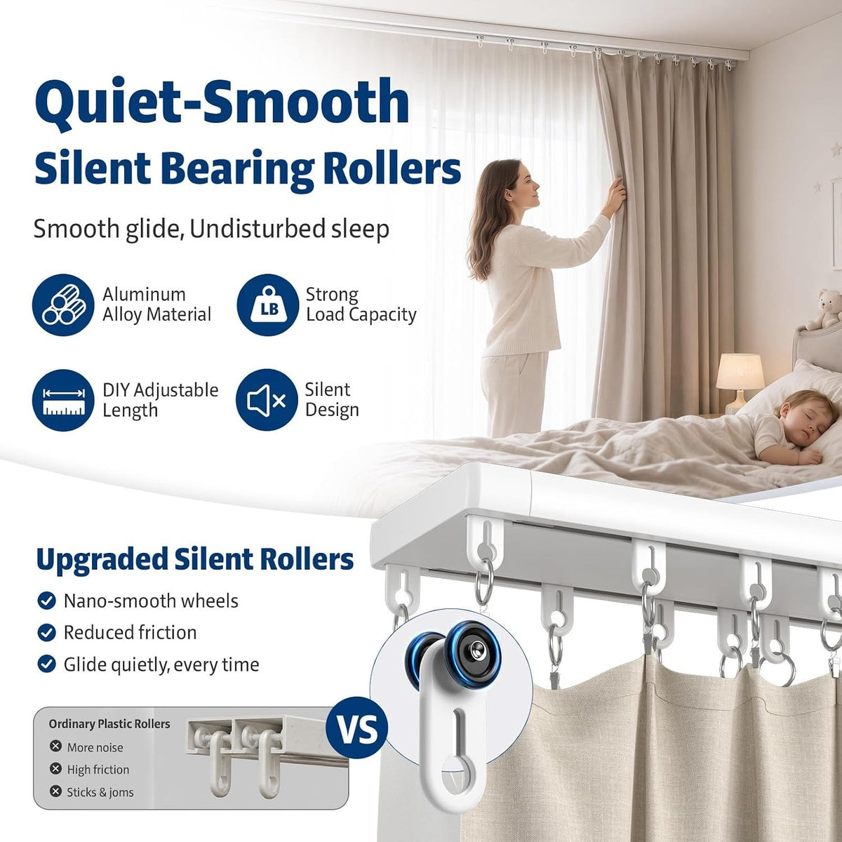 Curtain Track Double Ceiling 2.7m Aluminum Rail Silent Rollers White Heavy Duty