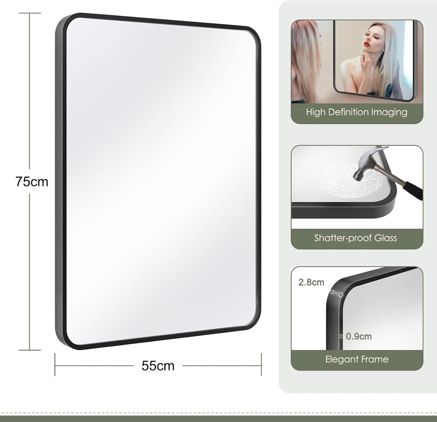Bathroom Mirror Black 55x75cm Framed Rectangular Wall Hanging Lean Glass