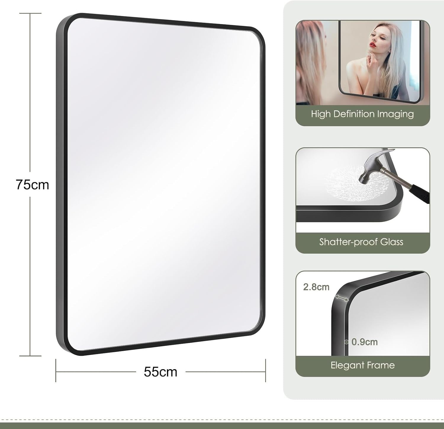 Bathroom Mirror Black 55x75cm Framed Rectangular Wall Hanging Lean Glass