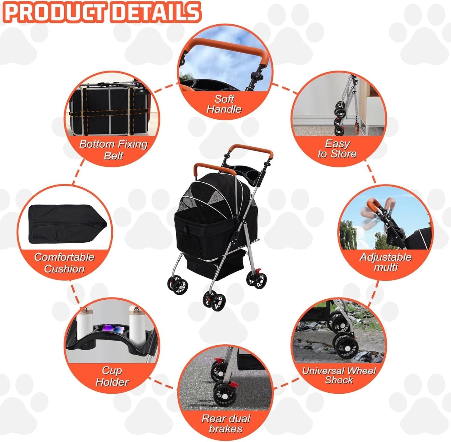 Pet Stroller Foldable Dog Cat Pram 4 Wheel Carrier Detachable Basket Black