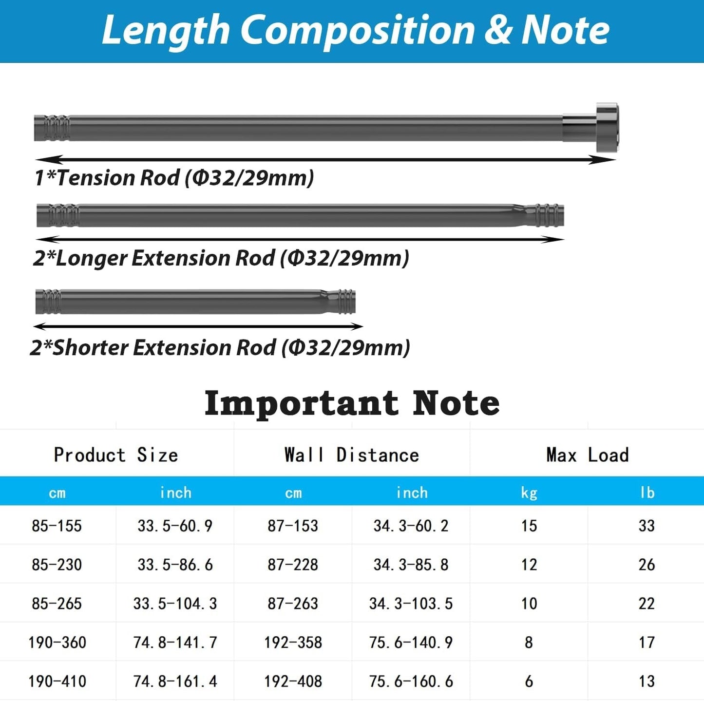 Shower Curtain Pole No Drill Tension Rod 190-410cm White 32mm Bathroom Heavy