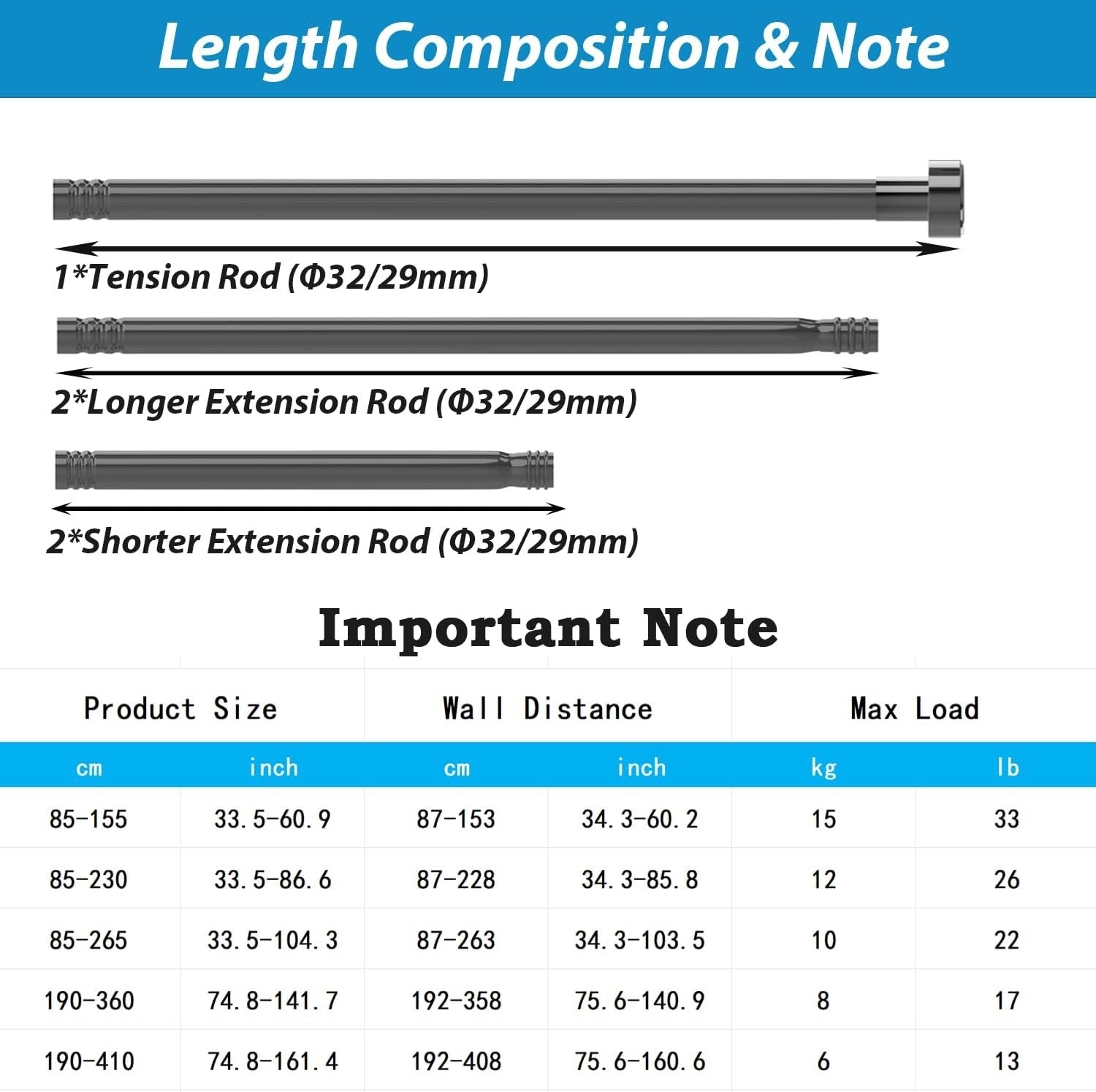 Shower Curtain Pole No Drill Tension Rod 190-410cm White 32mm Bathroom Heavy