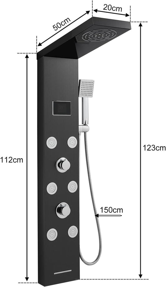 Shower Panel LED Temperature Display Rain Mist 6 Massage Jets Handheld Black