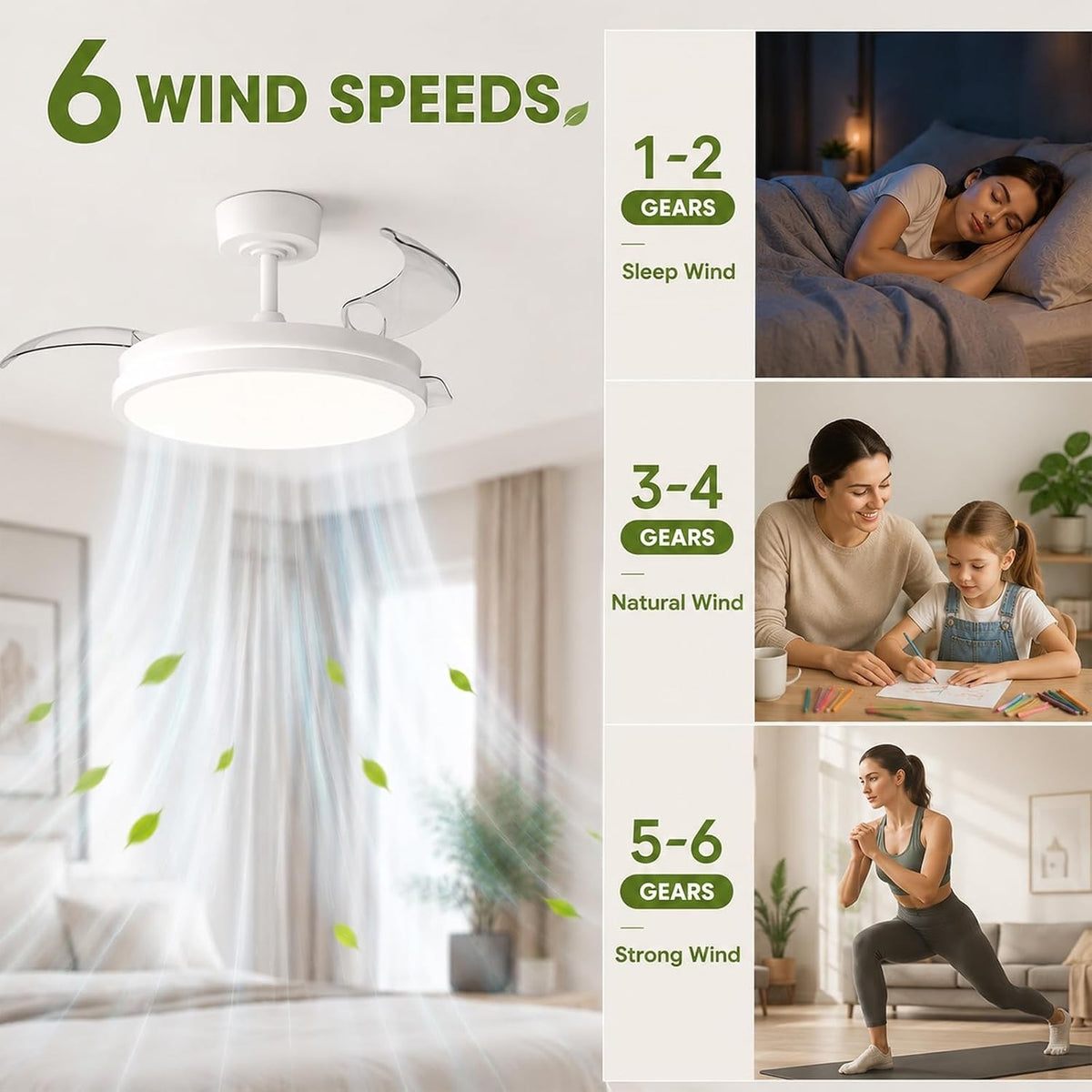 Ceiling Fan Light LED Remote Control 106cm Retractable Blades 6 Speed DC White