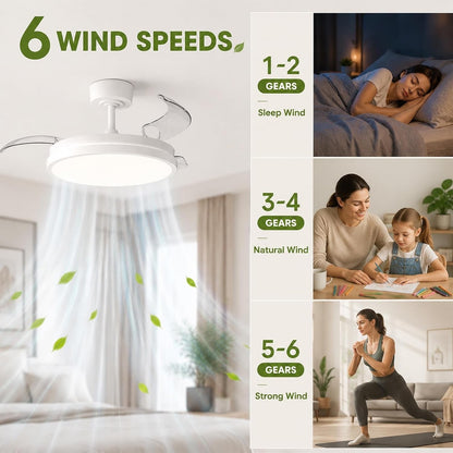 Ceiling Fan Light LED Remote Control 106cm Retractable Blades 6 Speed DC White