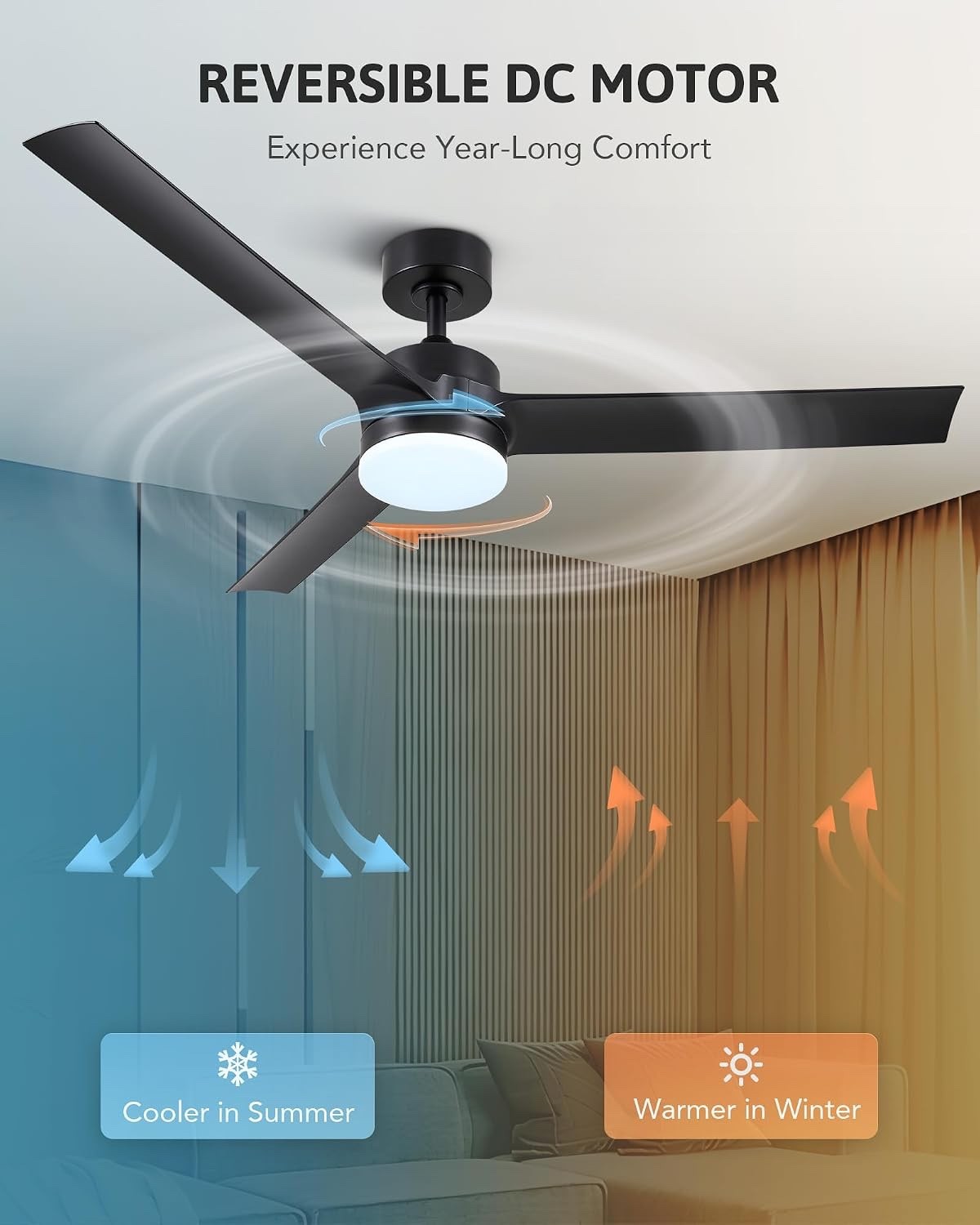Ceiling Fan Light Remote Control 52 Inch Black 3 Blade 6 Speed Reversible DC Mot