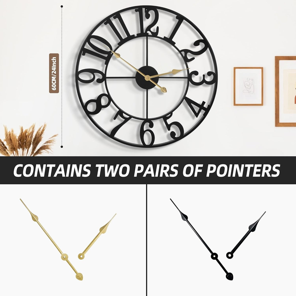 Wall Clock Large 60cm Metal Silent Non Ticking Arabic Numerals Black Decor Home