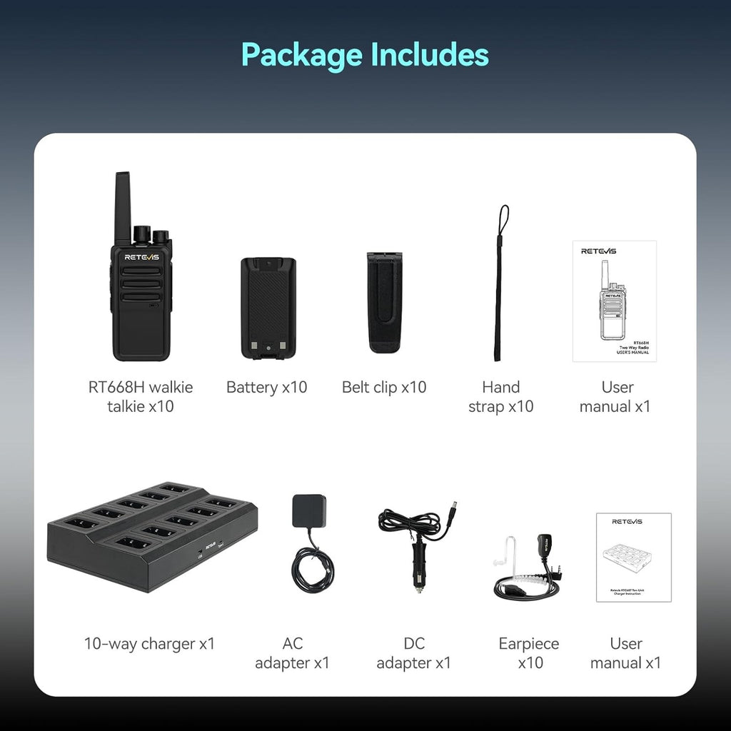 Retevis RT668H PMR446 Walkie Talkies 10 Pack Black Hidden Display USB-C 10-Way
