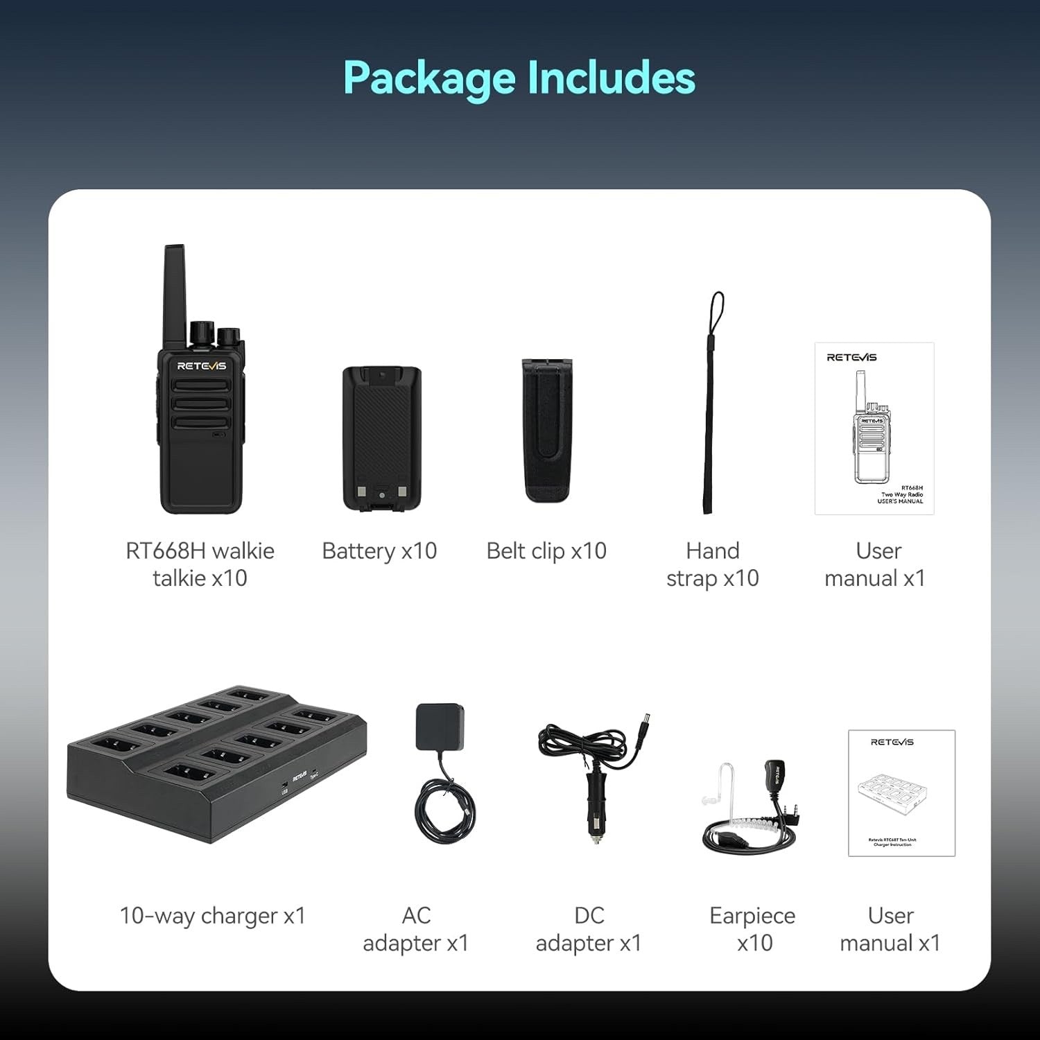 Retevis RT668H PMR446 Walkie Talkies 10 Pack Black Hidden Display USB-C 10-Way