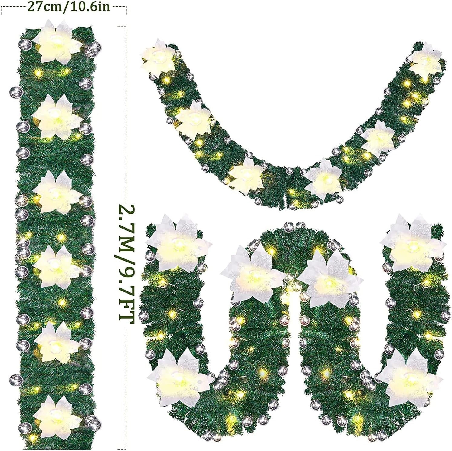 2.7m Christmas Garland LED Lights Silver Rattan Wreath Door Stair Decor