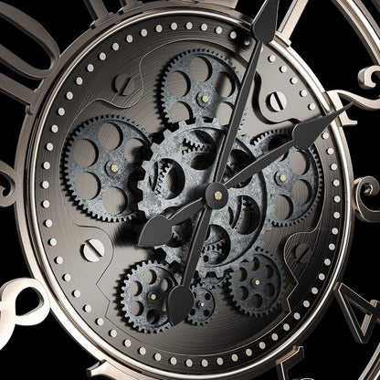 Large Wall Clock Moving Gears 53.5cm Industrial Steampunk Metal Grey Bronze Deco