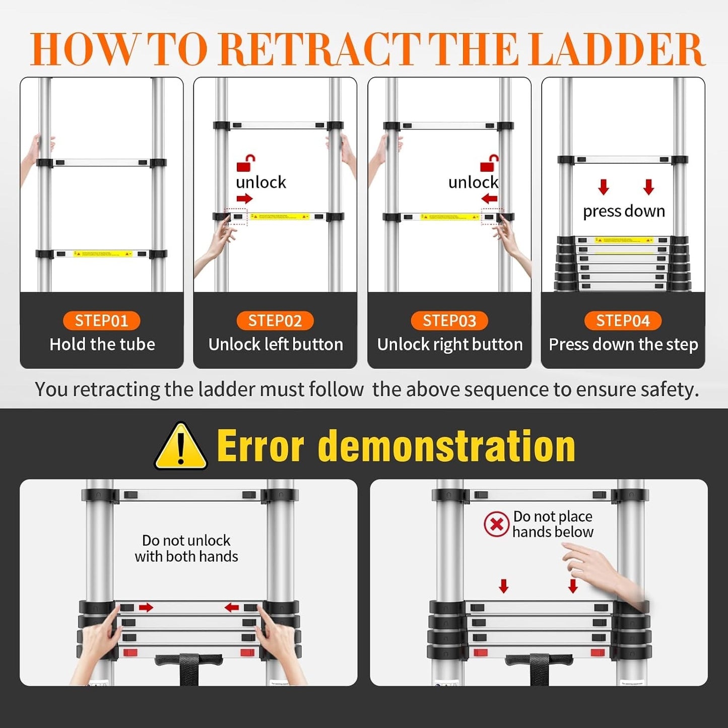 Telescopic Ladder Extension 10.5FT 330lb Aluminium Anti Slip Foldable 11 Step