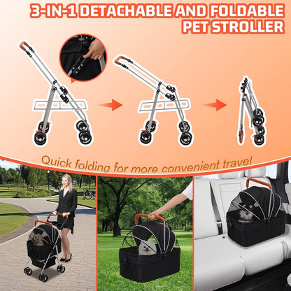Pet Stroller Foldable Dog Cat Pram 4 Wheel Carrier Detachable Basket Black