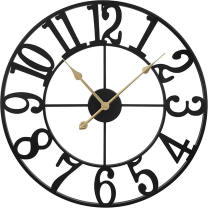 Large Wall Clock Metal Round 47cm Black Silent Non Ticking Battery Vintage Style