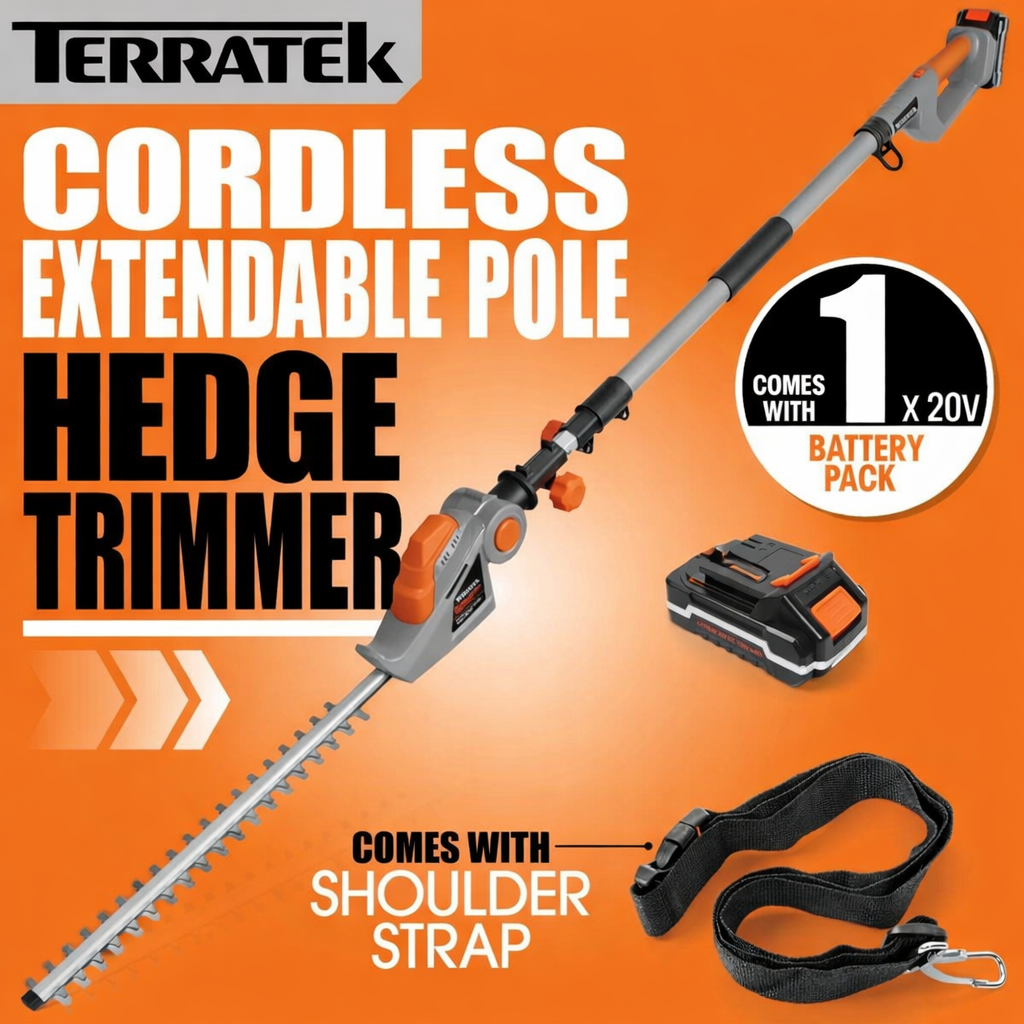 20V Cordless Telescopic Hedge Trimmer 2.4m Long Reach w Battery