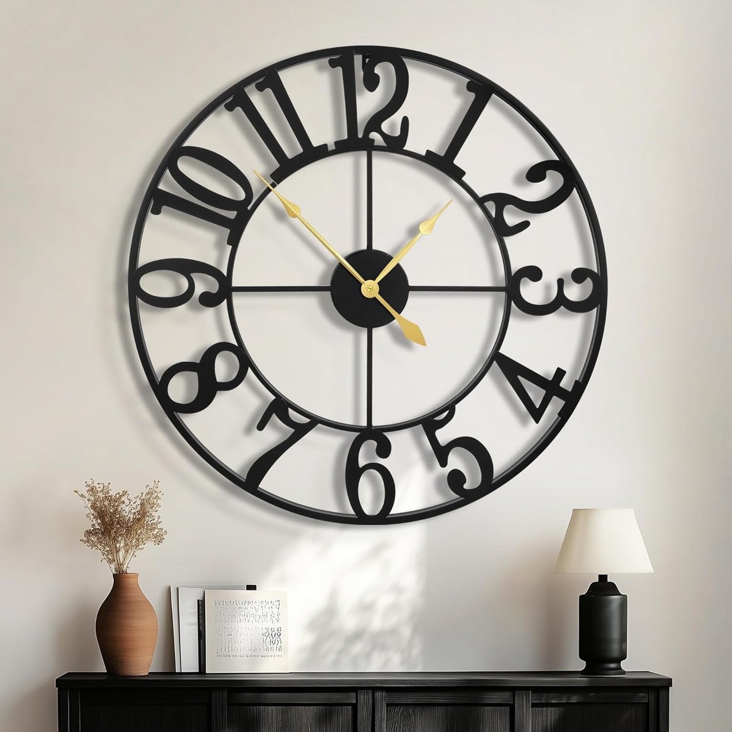 Wall Clock Large 60cm Metal Silent Non Ticking Arabic Numerals Black Decor Home