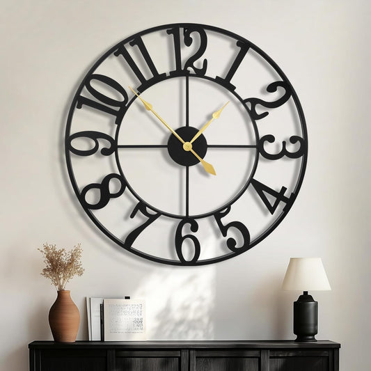 Wall Clock Large 60cm Metal Silent Non Ticking Arabic Numerals Black Decor Home