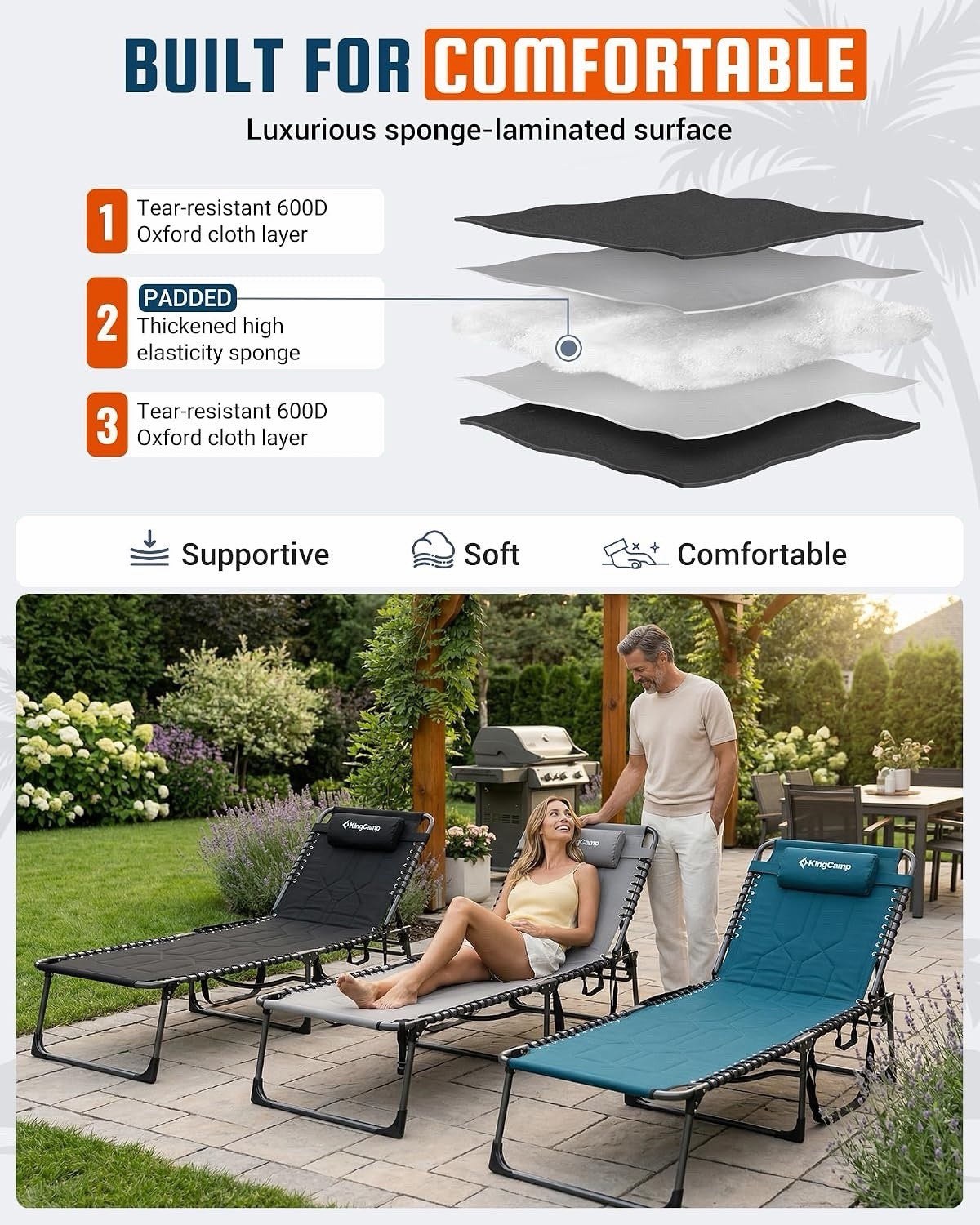 Sun Lounger Garden Recliner Folding Padded Black 200x68cm KingCamp XL 1 Pack