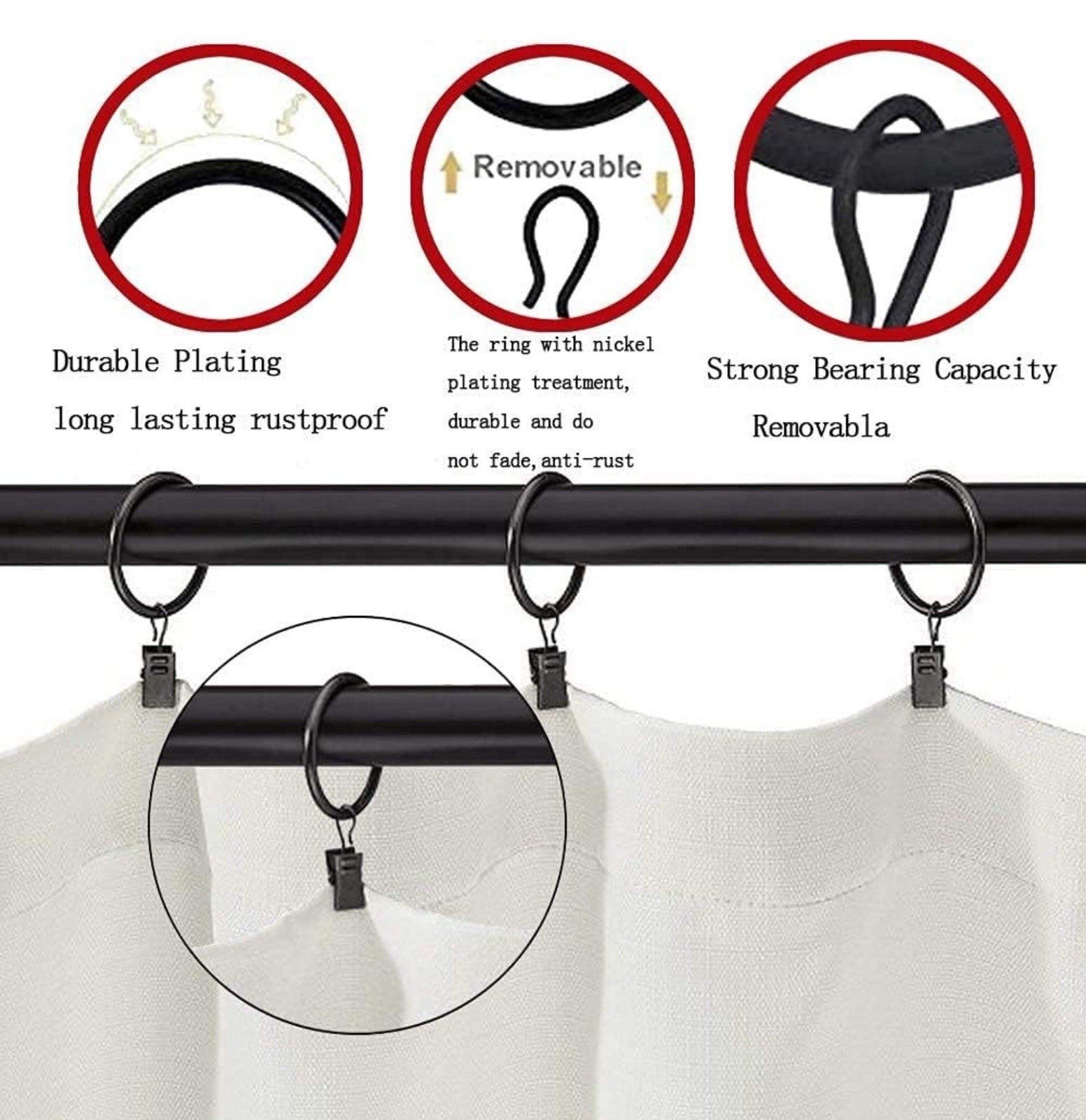 Curtain Rings Meiyaa 20 Pieces Black Metal Drapery Hanging Rings with Clips