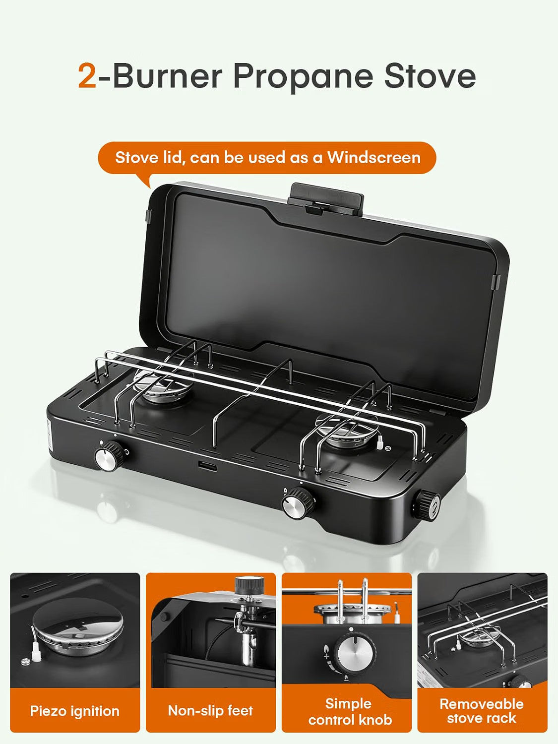 Camping Gas Stove 2 Burner Portable Propane 6000W Adjustable Lid Piezo Ignition