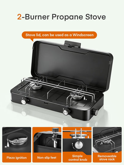 Camping Gas Stove 2 Burner Portable Propane 6000W Adjustable Lid Piezo Ignition