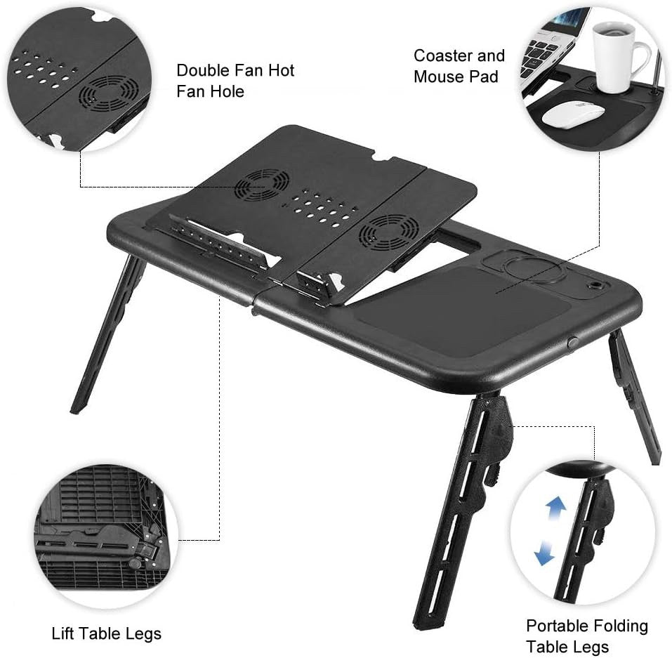 Adjustable Laptop Desk Folding Table w/ USB Cooling Fans Mouse Tray