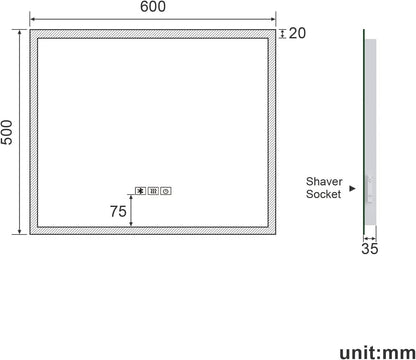 LED Bathroom Mirror 600x500mm Bluetooth Anti Fog Touch Sensor Shaver