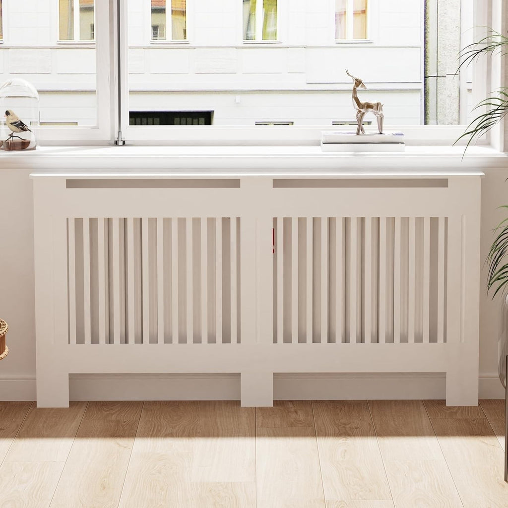 Tall White MDF Radiator Cover 100cm Internal Height Slatted Cabinet Shelf