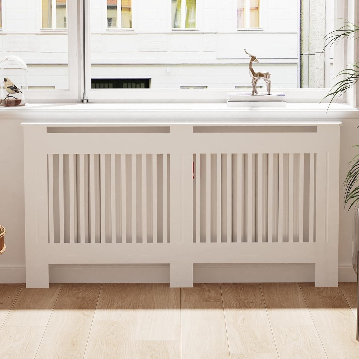 Tall White MDF Radiator Cover 100cm Internal Height Slatted Cabinet Shelf