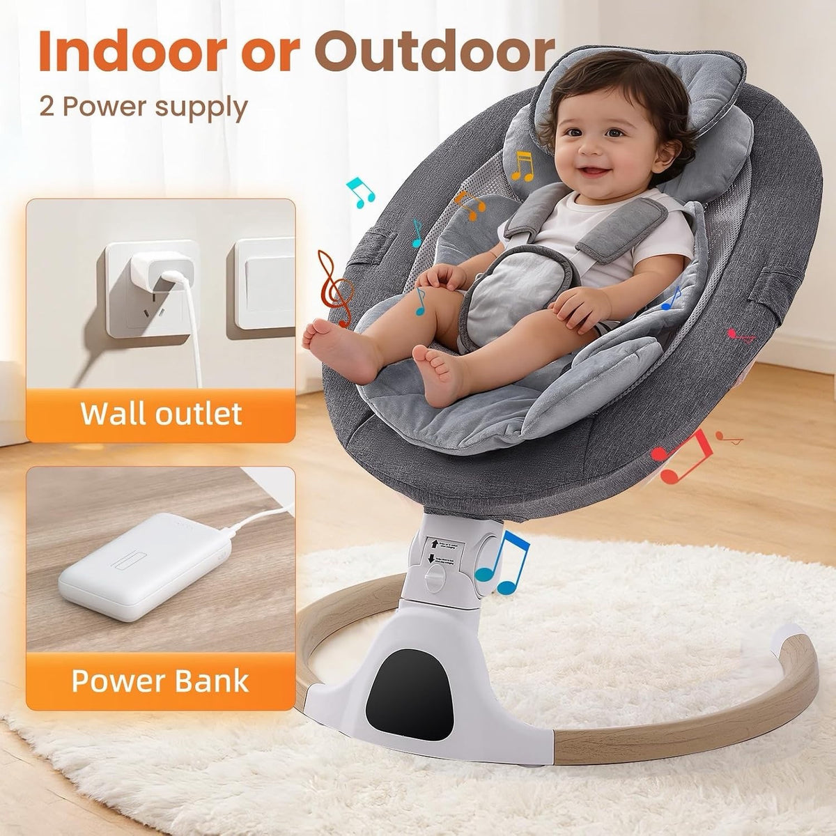 Baby Swing Chair Electric Bouncer Rocker Grey Bluetooth 5 Speeds Remote 0-6M