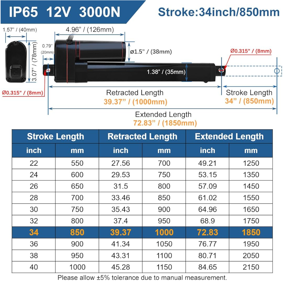 12V Linear Actuator 3000N Heavy Duty IP65 Motor with Mounting Brackets Opener