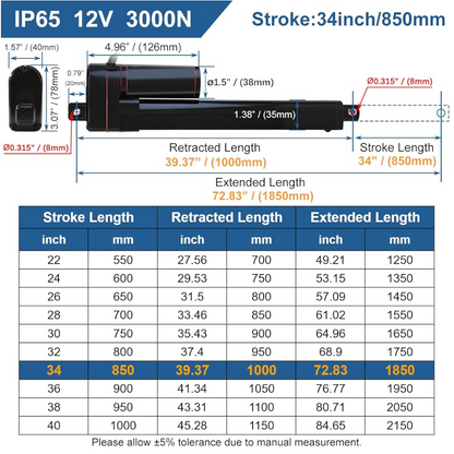 12V Linear Actuator 3000N Heavy Duty IP65 Motor with Mounting Brackets Opener