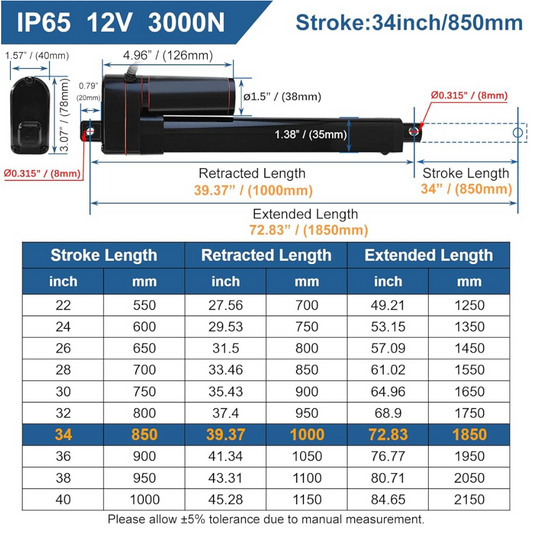 12V Linear Actuator 3000N Heavy Duty IP65 Motor with Mounting Brackets Opener