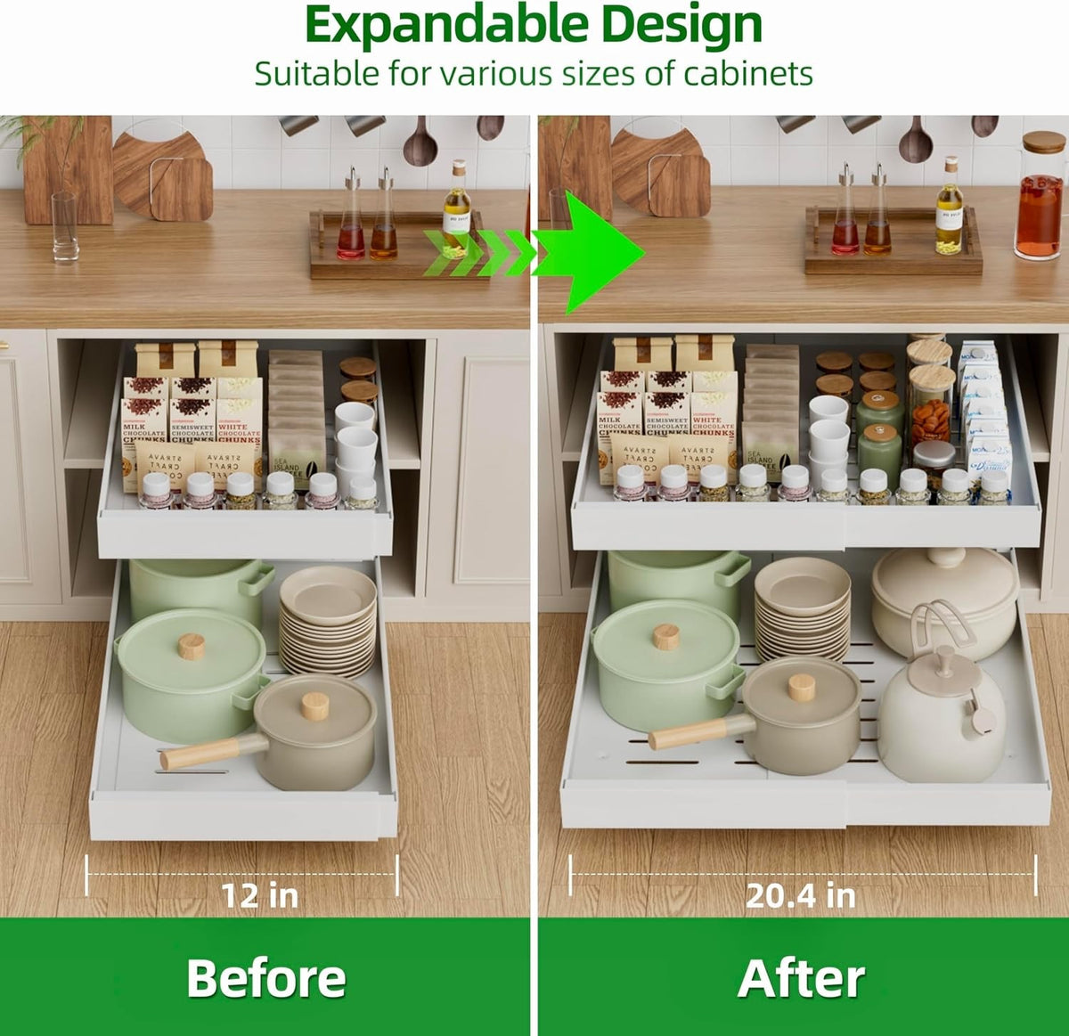 Pull Out Cabinet Organiser Drawers 2 Pack Adjustable Sliding Kitchen Shelves Whi