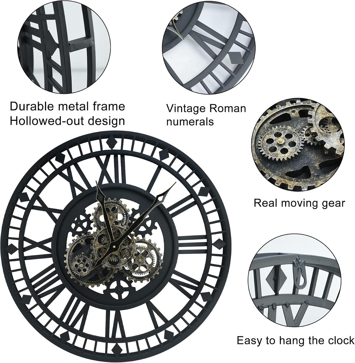 Large Wall Clock Moving Gears 60cm Black Metal Industrial Steampunk Vintage Deco