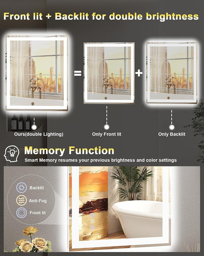 Bathroom Mirror LED 24x32in Front Backlit Anti-Fog Dimmable 3 Color Temperature