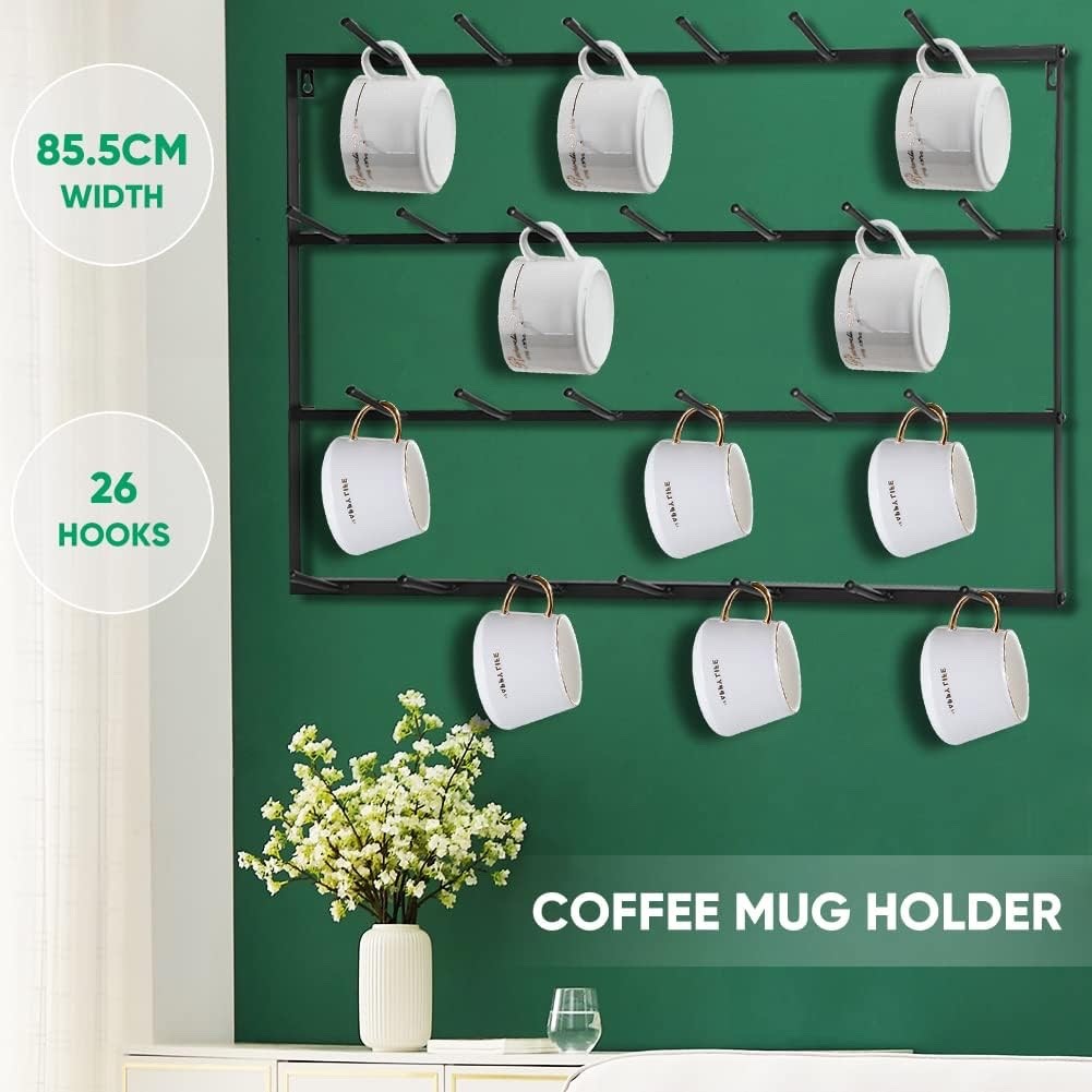 Wall Mounted Mug Holder 4 Tier Wrought Iron Coffee Cup Rack Black