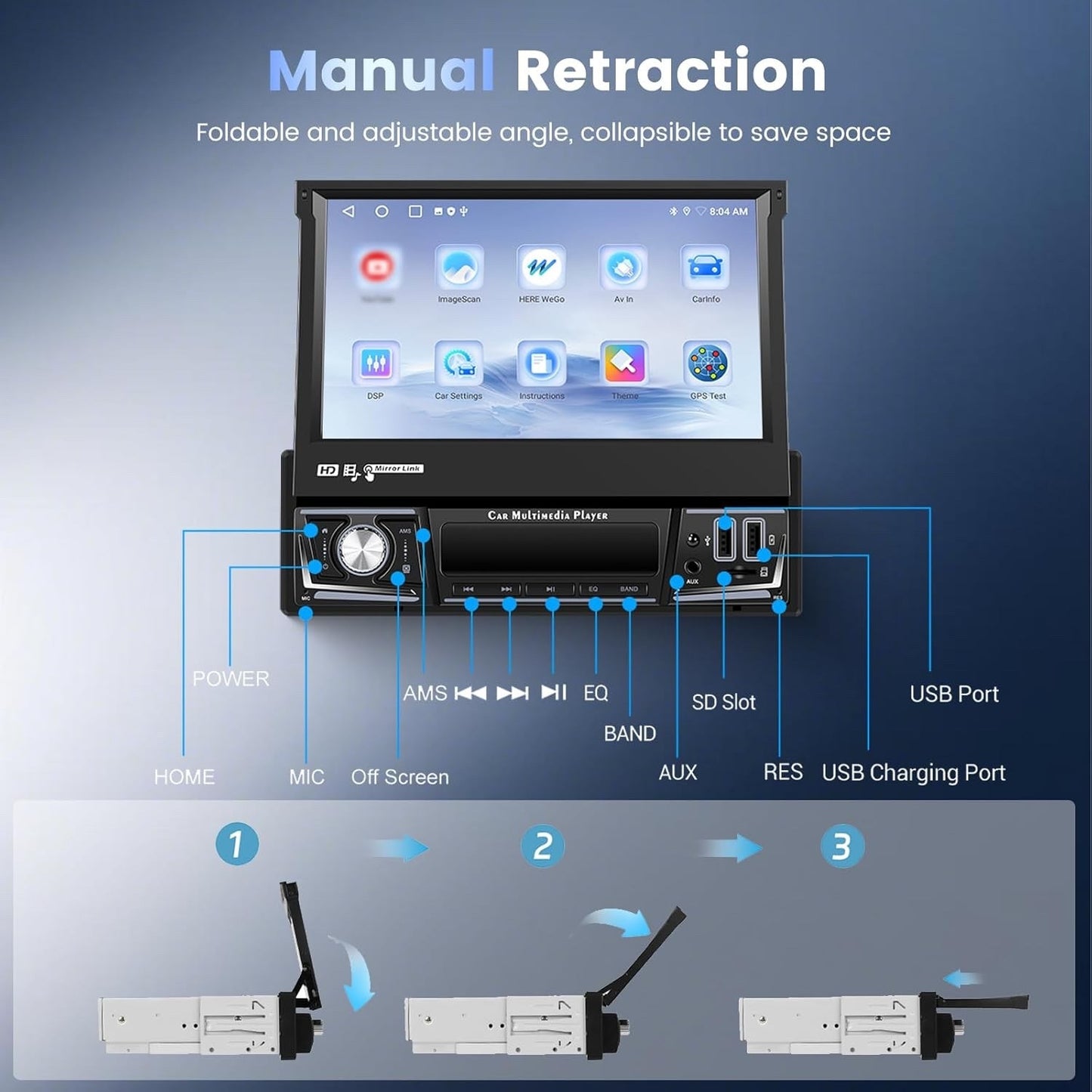 Single Din Stereo 7 Inch Android 15 CarPlay Android Auto GPS Bluetooth 2G 64G