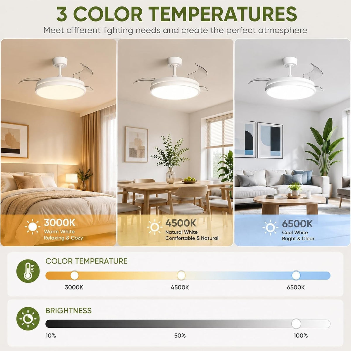 Ceiling Fan Light LED Remote Control 106cm Retractable Blades 6 Speed DC White