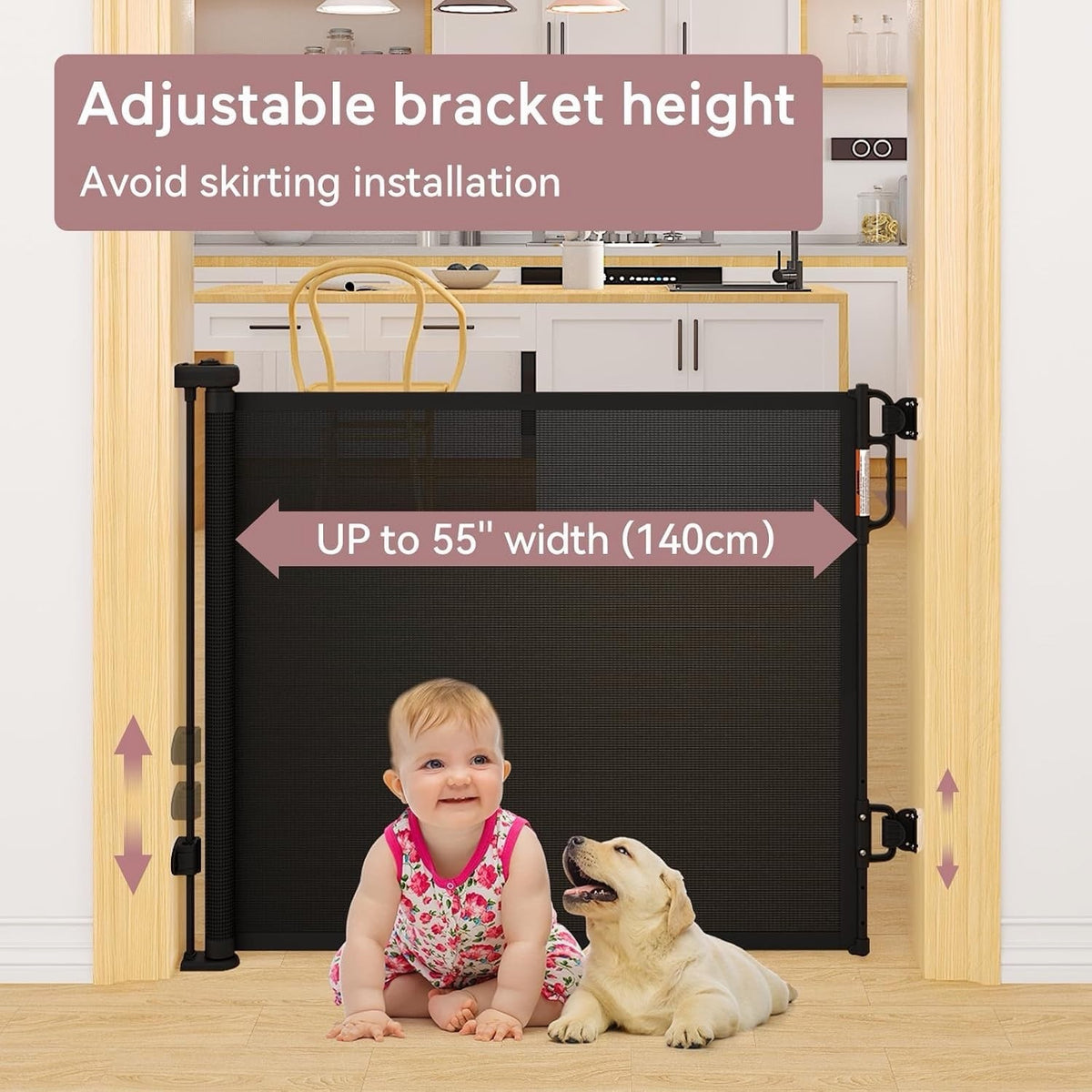 Baby Safety Gate Retractable Mesh 140cm Wide 84cm Black Stair Door Pet Barrier