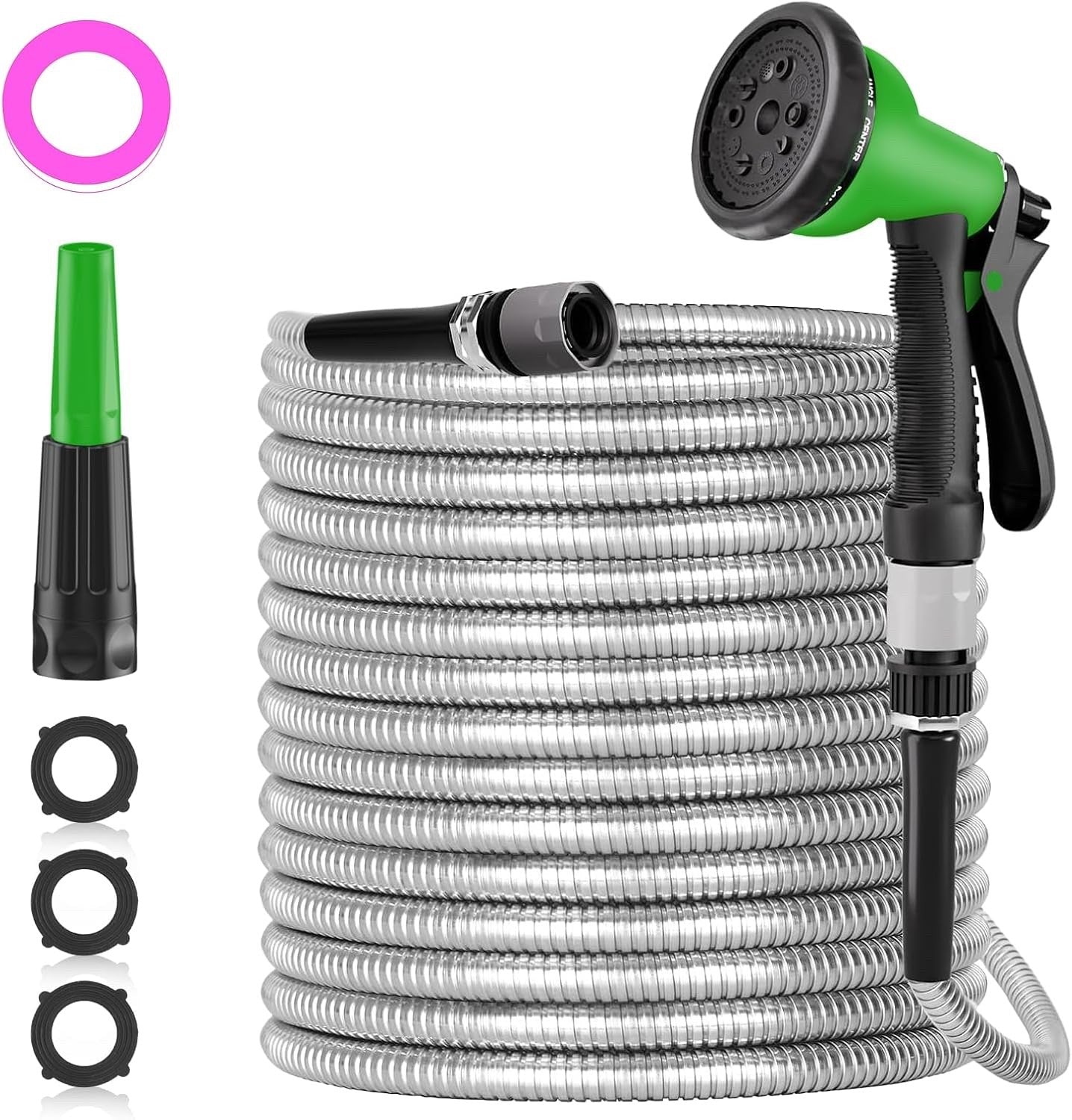 Garden Hose Stainless Steel 200ft 60m Heavy Duty Metal No Kink 2 Nozzles Silver
