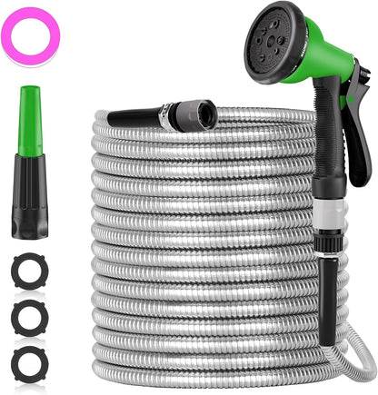 Garden Hose Stainless Steel 200ft 60m Heavy Duty Metal No Kink 2 Nozzles Silver