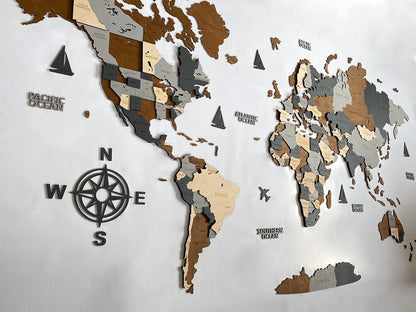 Wooden World Map Wall Art 3D Large 160x85cm Multicolour Travel Decor Birch