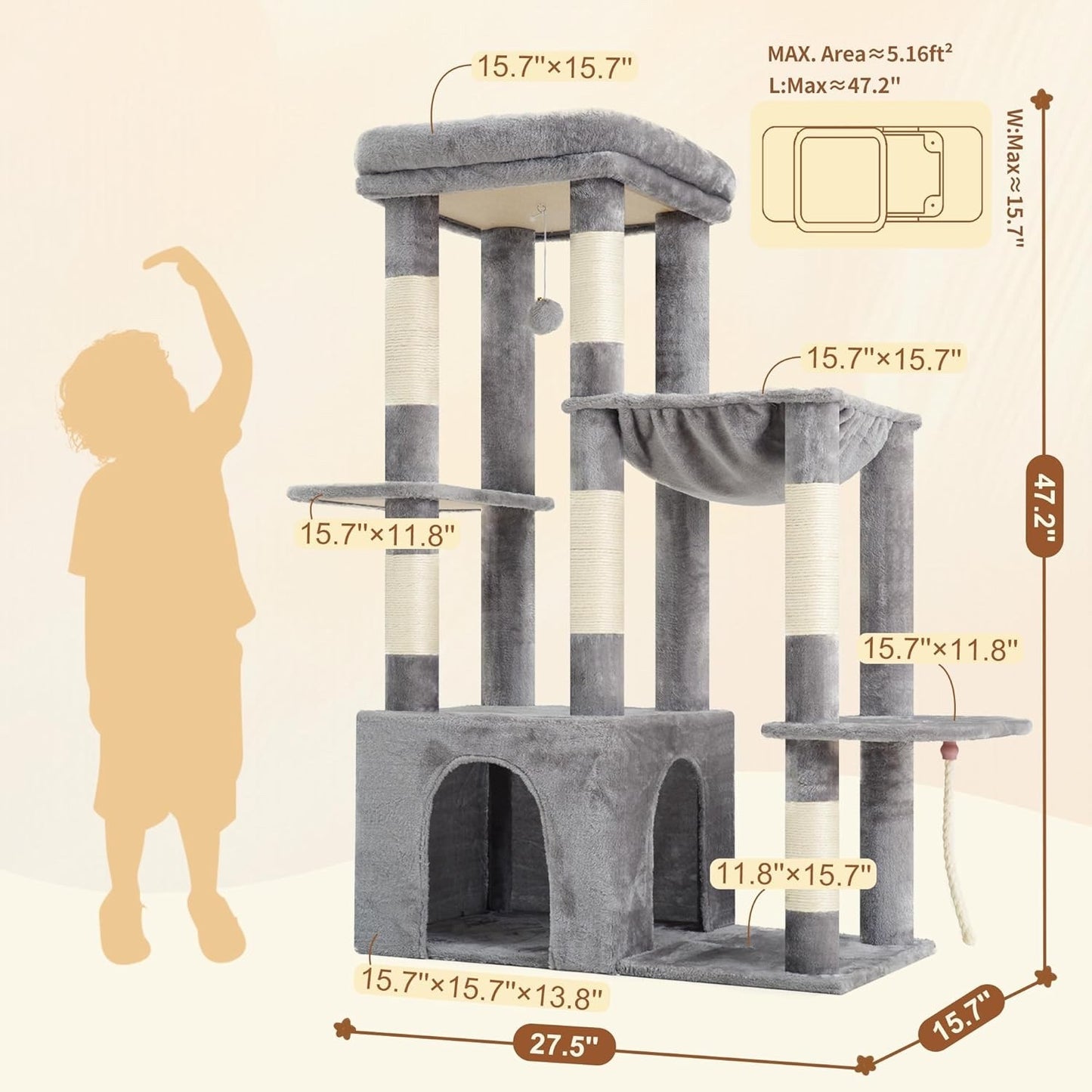Cat Tree Tower Scratching Post Large Indoor Condo Hammock Toy Balls Light Grey